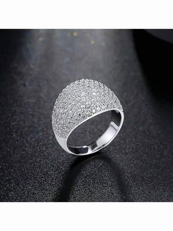 Full Pave Dome Ring - Womens Silvertone Statement Ring, Size 7, Cubic Zirconia Encrusted Design