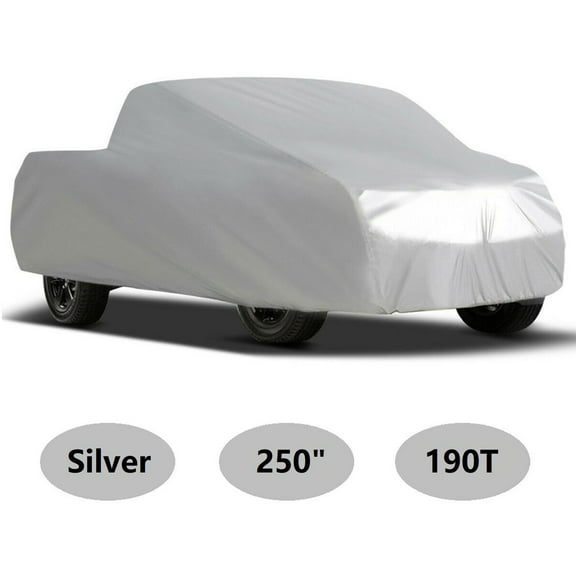 Full Pickup Truck Cover, Waterproof Dustproof Sunscreen Indoor Outdoor, 250" Silver Heavy Duty 190T Polyester Taffeta Fits select: 2005 FORD F150, 2017-2018 CHEVROLET SILVERADO K1500 LT