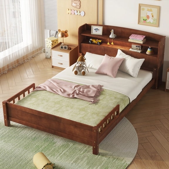Full Size Pine Wood Bedframe with LED Motion Sensor Light, No Box Spring, Walnut for Bedroom