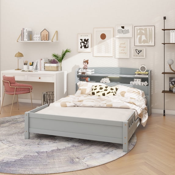 Full Pine Wood Bed with Bookcase Headboard ,LED Motion Sensor Light, Bed Guardrails,Grey