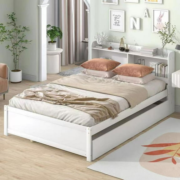 Full Platform Bed, Full Bed with Trundle with Bookcase, Solid Pinewood Bedframe, Full Storage Bed, Perfect for Bedroom, Space Saving Design, No Box Spring Needed, White