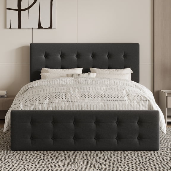 Full Platform Bed Frame with 4 Storage Drawers – Adjustable Button Tufted Upholstered Headboard – Sturdy Wooden Slats, Noise Free – No Box Spring Needed – Dark Grey Linen