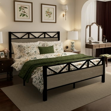 Full Platform Bed Frame with Higher Headboard, UHOMEPRO Metal Full Size Bed Frame for Adults Teens, Rustic Vintage Full Bed Frame Bedroom Furniture, No Box Spring Needed, Black