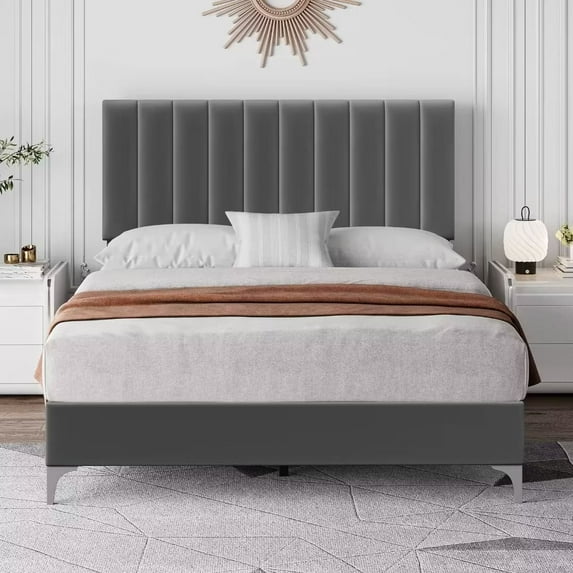 Full Platform Bed Frame, Modern Velvet Upholstered Bed with Headboard Height Adjustable, Grey