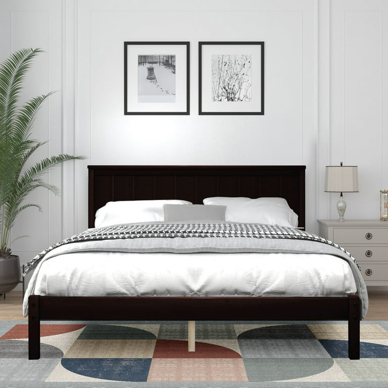 Full Platform Bed Frame Solid Wood Bed Frame with Headboard Full Bed Frame for Kids Adults Full Size Bed Frame for Bedroom Espresso LJ2434