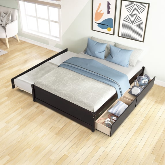 Full Platform Bed Frame with Twin Size Trundle, Full Size Stroage Bed with 2 Drawers and Slats Support, Solid Pine Wood Bed Frame for Bedroom, No Box Spring Required, Espresso