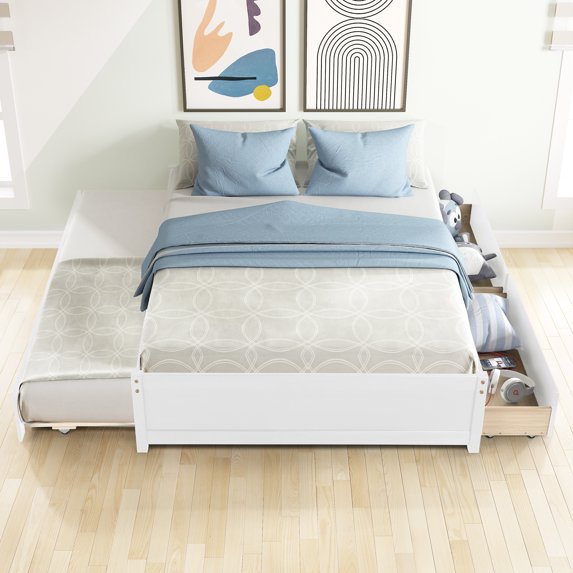 Full Platform Bed Frame with Twin Size Trundle, Storage bed with 2 Drawers, Solid Wood Platform Bed with Wood Slats Support, Noise Free, No Box Spring Needed for Bedroom Living Room, White