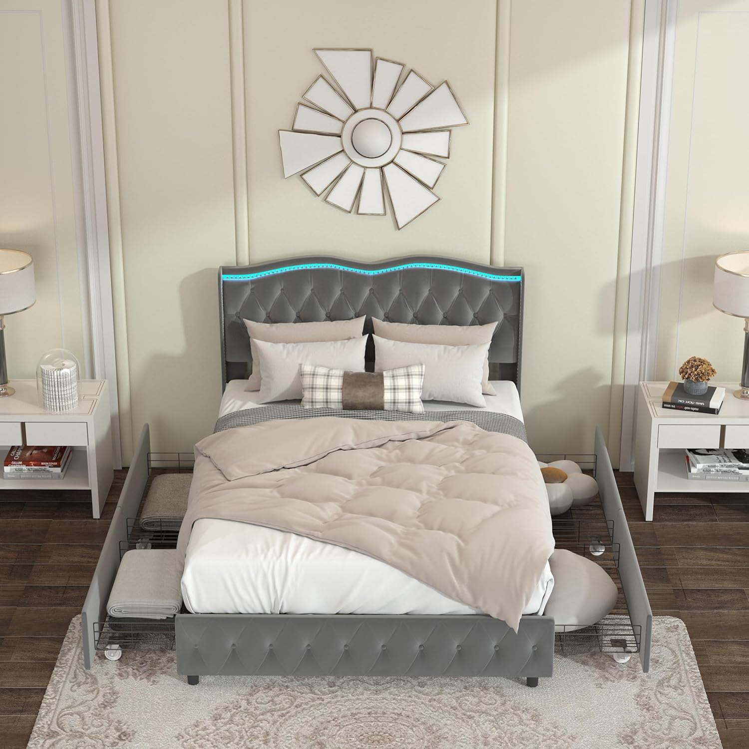 Homfa LED Bed Frame, Full Size Bed for Kids Girls, Velvet