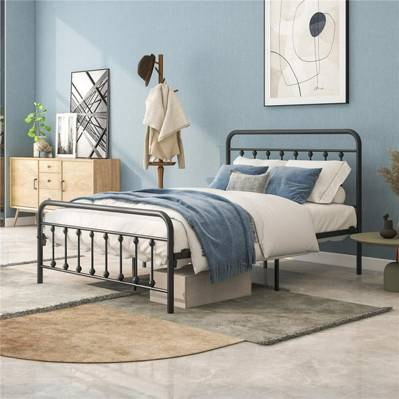 Full Platform Bed Frame, Vintage Metal Platform Bed with Headboard and Footboard, Noise Free, 12.4''H Under Bed Storage Space, Black