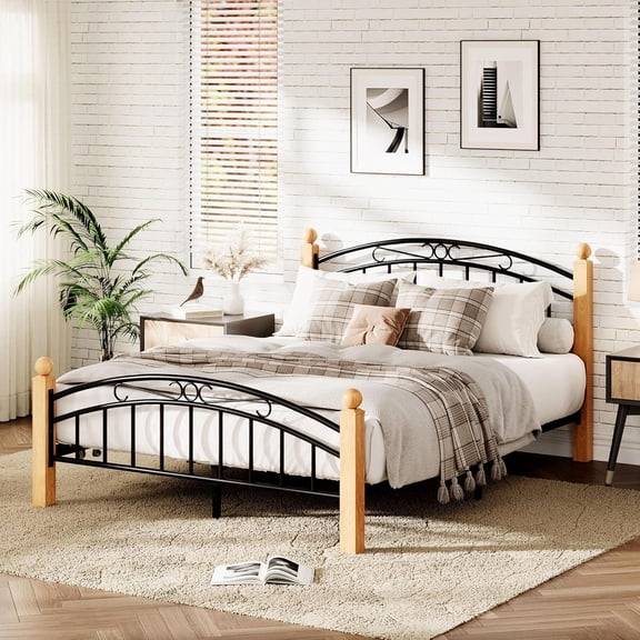 Full Platform Bed Frame with Curved Headboard Wood Slats 10In Under-Bed Storage No Box Spring Needed Noise Free Victorian Style