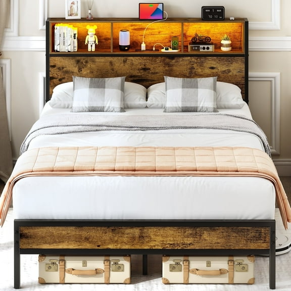 Yoobure Full Size Bed Frame with Headboard Metal Platform Bed with LED Lights and Charging Station,Wood Bed Frames with Footboard,Rustic Brown
