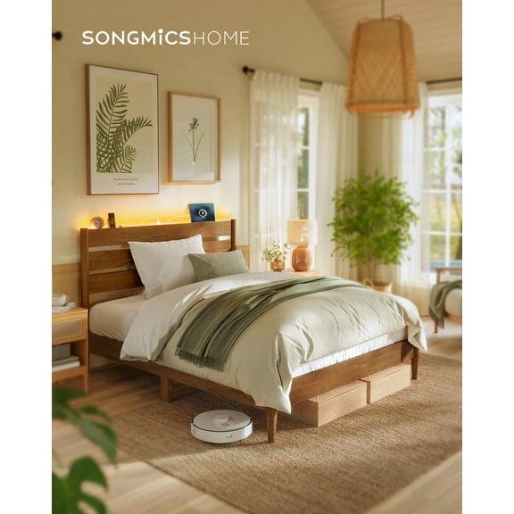 Full Platform Bed Frame with LED Headboard & Charging Station, Mid-Century Modern Style, No Box Spring Needed, Caramel Brown