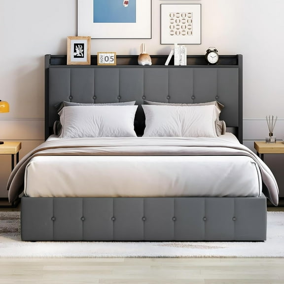 Full Platform Bed Frame with Lift Up Storage Velvet Upholstered No Box Spring Needed Grey