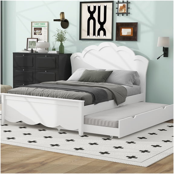 Full Platform Bed Frame with Pull Out Trundle, White Upholstered Headboard, No Box Spring Required, Solid Wood Structure for Space Saving