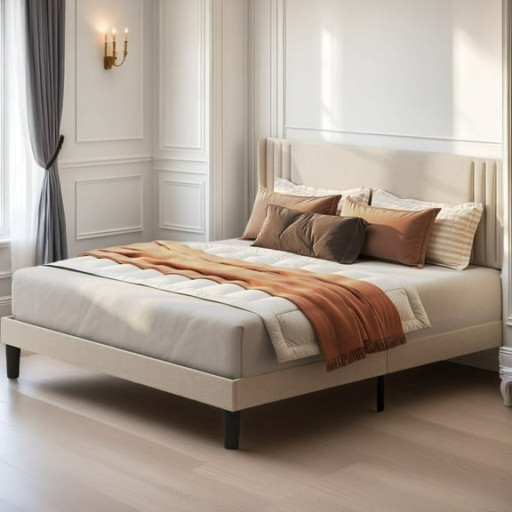 Full Platform Bed Frame with Wingback Headboard, Beige