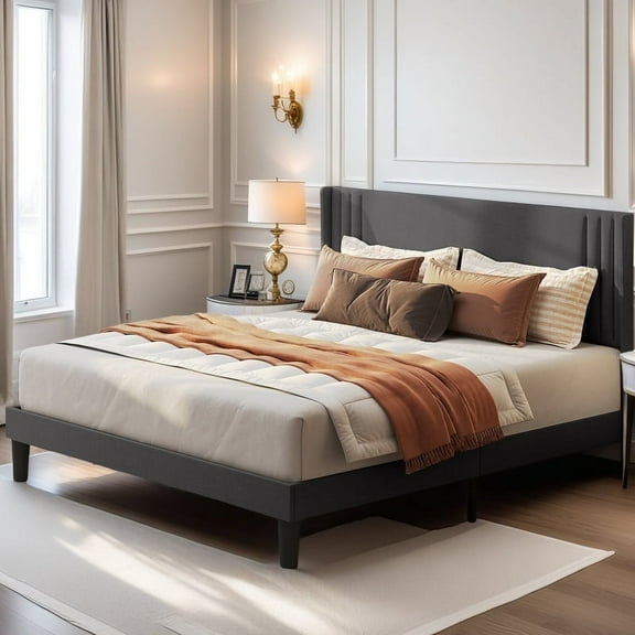 Full Platform Bed Frame with Wingback Headboard, Dark Grey
