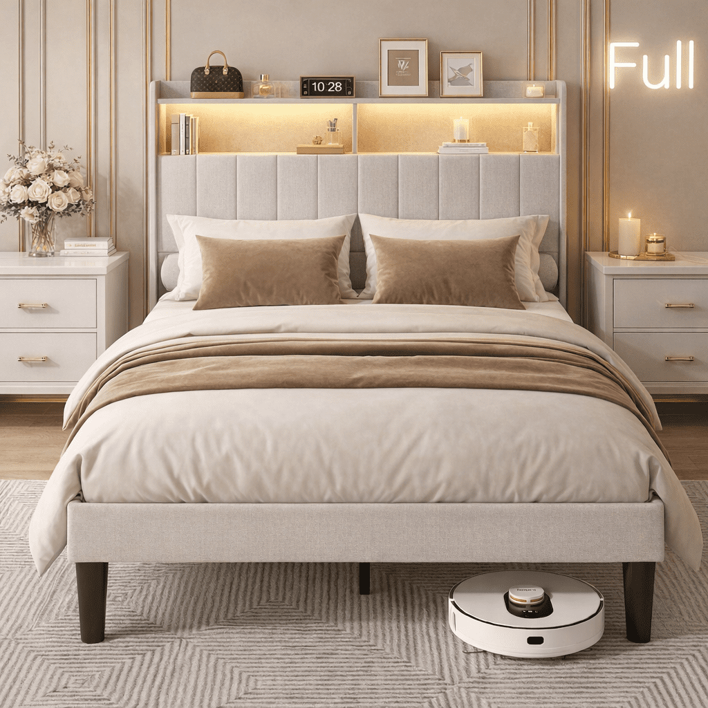 Upholstered Full Size Platform Bed Frame with LED Lights, Charging Station & 2-Tier Storage Headboard, Wooden Slats Support No Box Spring Required Quiet Design Beige