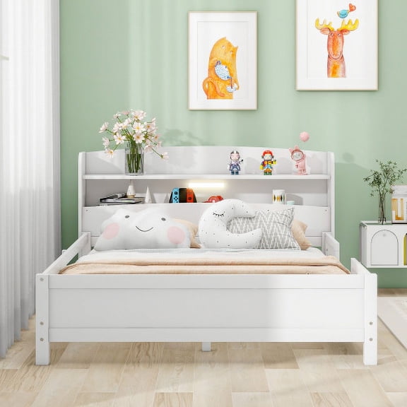 Full Platform Bed with LED Headboard, White Wood Bed Frame with Storage Shelves and Guardrail, Space Saving Bed for Small Bedroom, No Box Spring Needed