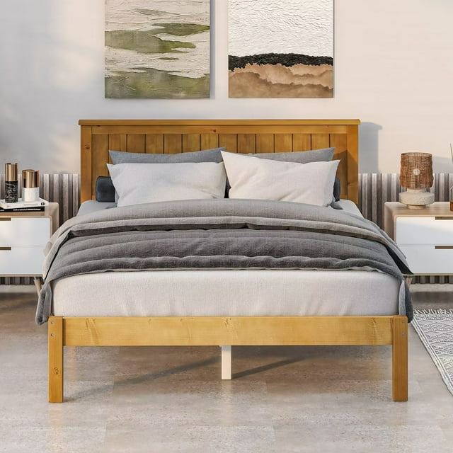 Full Platform Bed, Solid Wood Bed Frame with Headboard and Sturdy Legs, Modern 55 Inch Wide Slat-Supported Low Bed for Kids Adults Bedroom, No Box Spring Needed, Light Brown