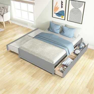 Full Platform Bed with Twin Size Trundle, Full Size Bed with Two Drawers for Kids and Adults, Solid Pine Wood Upholstered Bed Frame with Slats for Bedroom Living Room, No Box Spring Needed, Gray