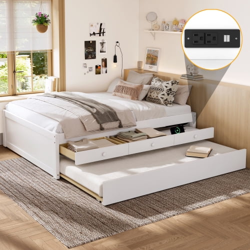 Full Platform Bed with Trundle and Drawers, Solid Wood Storage Bed with Power Strip, Modern Minimalist Bed Frame with Pull Out Bed, White