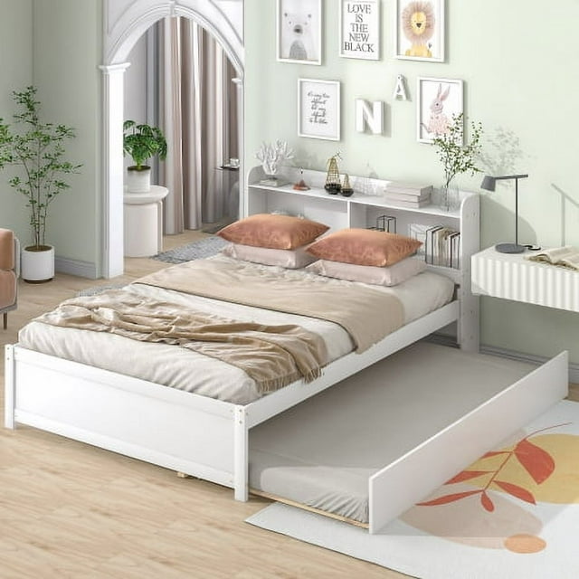 Full Platform Storage Bed Frame with Bookcase Headboard, Full Size Daybed Frame with Wheeled Trundle, 10 Slats Support, No Box Spring Needed, 250 lbs Weight Capacity (White, Full Bookcase Daybed)