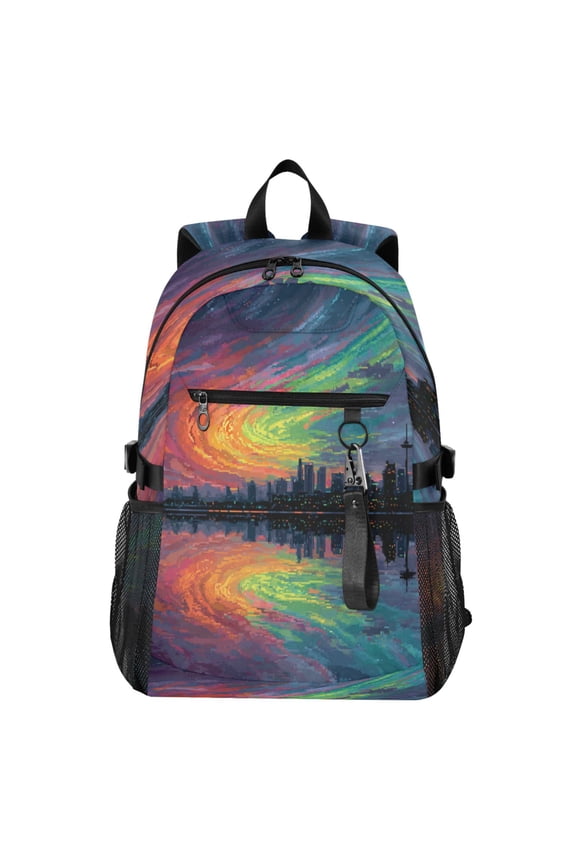 FullPrint Casual Laptop Backpack, 20L WaterResistant Twill Tote Daypack with 14 Inch Computer Compartment for School Business Travel Aurora Borealis City