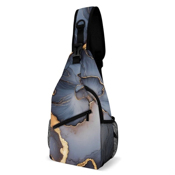 Full Print Chest Bag 815in Outer Large Bag On Both Sides Of Mesh Bag Inside Pocket Design Sponge Pad Shoulder Strap Dark Grey And White Gold Marble