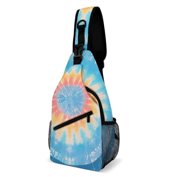 Full Print Chest Bag 8×15in Outer Large Bag On Both Sides Of Mesh Bag Inside Pocket Design Sponge Pad Shoulder Strap AliceBlue Tie-dye Background Rainbow Colors