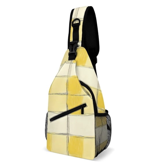 Full Print Chest Bag 8×15in Outer Large Bag On Both Sides Of Mesh Bag Inside Pocket Design Sponge Pad Shoulder Strap LightYellow Checked Hand-drawn Sketch_4