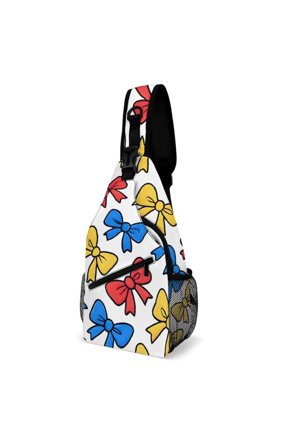 Full Print Chest Bag 815in Outer Large Bag On Both Sides Of Mesh Bag Inside Pocket Design Sponge Pad Shoulder Strap Playful Cartoon Primary Color Ribbon Bow Pattern