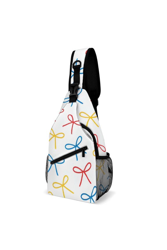 Full Print Chest Bag 815in Outer Large Bag On Both Sides Of Mesh Bag Inside Pocket Design Sponge Pad Shoulder Strap Playful Thin Cartoon Primary Color Ribbon Bow Pattern