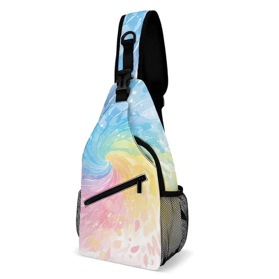 Full Print Chest Bag 8×15in Outer Large Bag On Both Sides Of Mesh Bag Inside Pocket Design Sponge Pad Shoulder Strap White Tie-dye Background Rainbow Colors_2