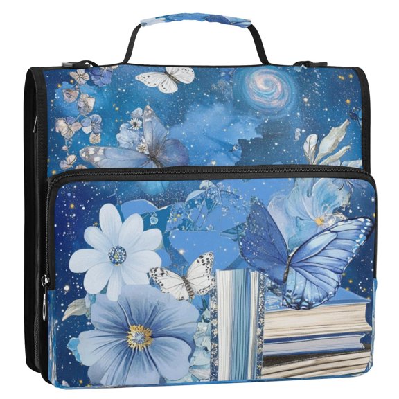 Full-Print Water-Resistant 3-Ring Binder Bag - 34.531.5(9+3)cm - Polyester Material - Ideal for School and Office Use，Many Blue Butterflies