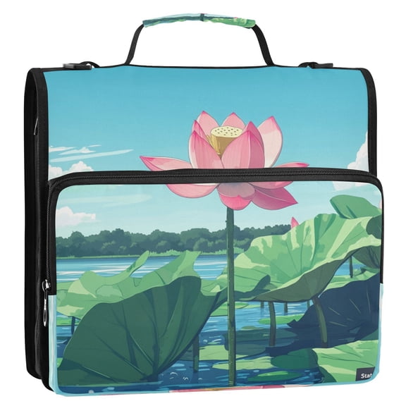 Full-Print Water-Resistant 3-Ring Binder Bag - 34.531.5(9+3)cm - Polyester Material - Ideal for School and Office Use，Pink Lotus Flower