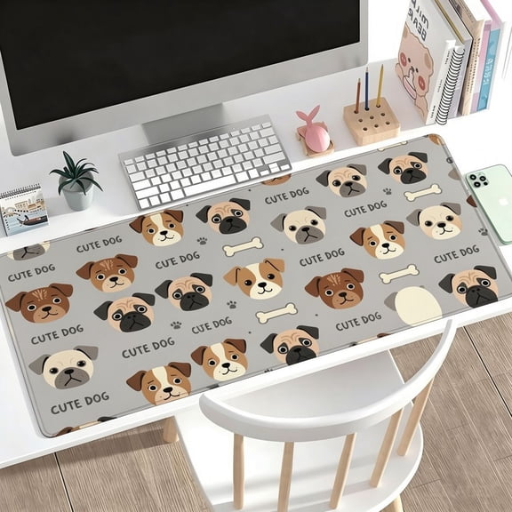 Full Printed Pug 12x28 Inch Big Desk Pad, Cute Dog Extended Mouse Mat For Work And Gaming Setup