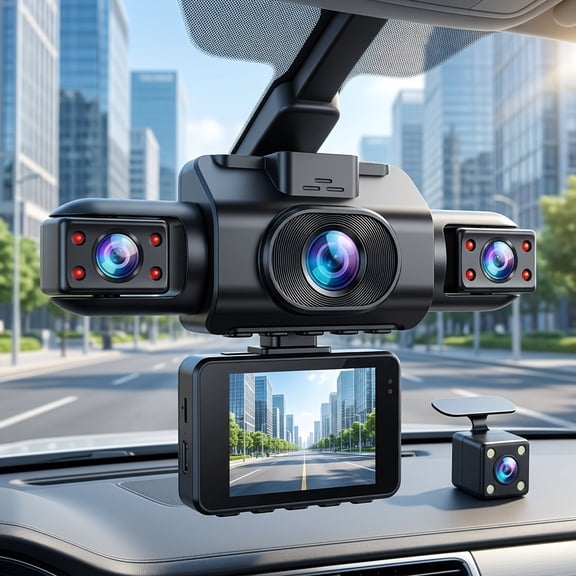 Full Protection 4 Channel Dash Cam 1080P Quad Lens Front Left Inside Right Rear Car DVR 24H Parking Monitor Enhanced Night Vision Car Dashboard Camera HD, Without Battery