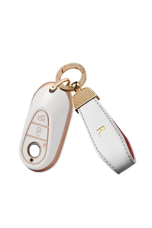 Full Protection Soft TPU Golden-Edge Smart Key Cover for Mercedes Benz S-Class W223/New S580, G-Class E-Class 2022 2021 Keyless Mercedes Key Fob Cover with Leather Keychain