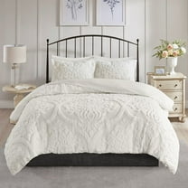 Full/Queen 3-Piece Tufted Cotton Chenille Duvet Cover Set, Off White Damask Bedding Set with 1 Duvet Cover & 2 Shams