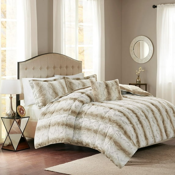 Full/Queen 4Pc Faux Fur Comforter Set,Sand Polyester Household Supplies Décor Bedding Bedding Sets