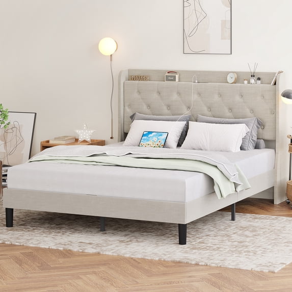 Full/Queen Bed Frame with Type-C & USB Ports, Upholstered Platform Bed Frame with Wingback & Button Tufted Headboard, Solid Wood Slats Support, No Box Spring Needed, Noise-Free, Khaki