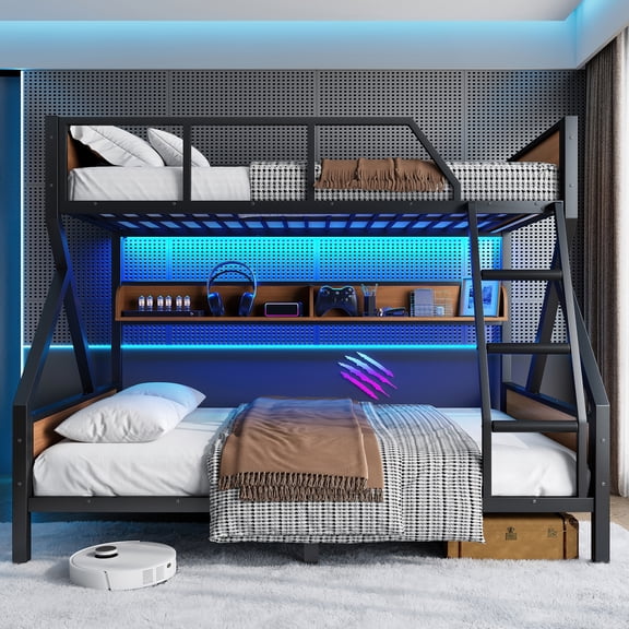 Full/Queen Bunk Bed with Storage & Lights, Metal Bunk Bed Frame with Built-in Shelves, LED Light Strip for Shared Bedroom, Space Saving Noise Free Design, Black