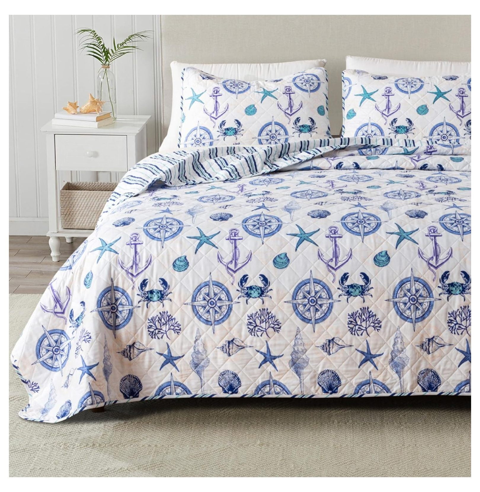 Full/Queen Coastal Quilt Bedding Set, Summer Coastal Quilt with Shams ...