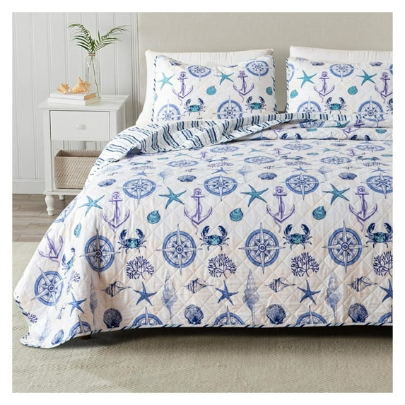 Full/Queen Coastal Quilt Bedding Set, Summer Coastal Quilt with Shams, Beach 3-Piece Reversible All Season Bedspread Quilt Set. Lightweight Nautical Quilted Coverlet. Azure Collection, Blue Seashells