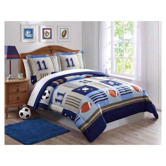 Full/Queen Denim and Khaki Sports Kids' Comforter Set: Boys Sports Bedding, 3-Piece Microfiber Set