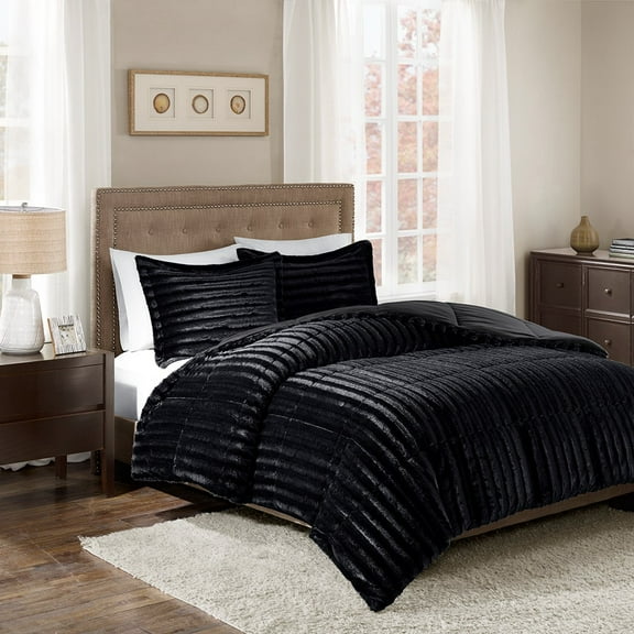 Full/Queen Faux Fur Comforter Mini Set,Black Polyester Household Supplies Décor Bedding Bedding Sets