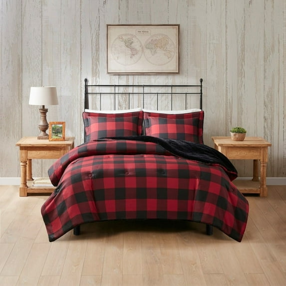 Full Queen Faux Wool to Faux Fur Down Alternative Comforter Set Multicolor Plaid Print Oeko Tex Certified Machine Washable