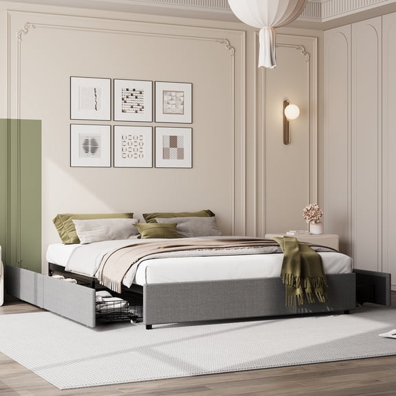 Full / Queen / King Platform Bed Frame with 4 Storage Drawers, Fabric Upholstered, No Box Spring, Wooden Slats, Noise Free, Easy Assembly, Dark Grey
