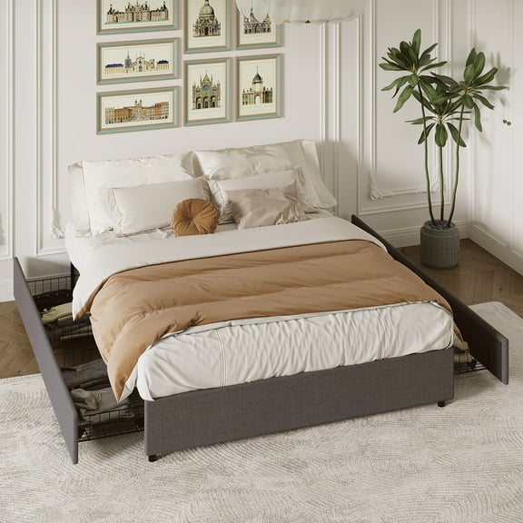 Full / Queen / King Platform Bed Frame with 4 Storage Drawers, Fabric Upholstered, No Box Spring, Wooden Slats, Noise Free, Easy Assembly, Dark Grey
