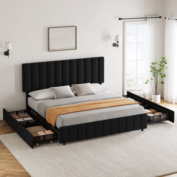 Full/Queen/King Size Bed Frame with 4 Storage Drawers and Adjustable Headboard, Upholstered Platform Bed Frame with Wooden Slats Support, No Box Spring Needed